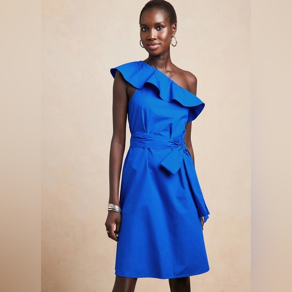 NWT Banana Republic One Shoulder Ruffle Tie Waist Mini Dress Corsica Blue Sz LP - Picture 1 of 7